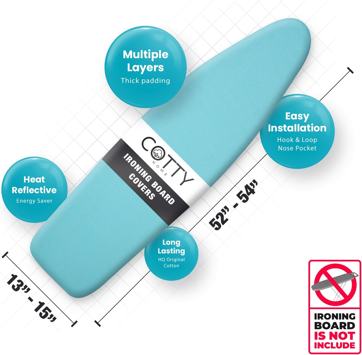Cotty Home Ironing Board Cover – Extra Thick, Heat Reflective, Snug Fit, 15x54 inches, Turquoise
