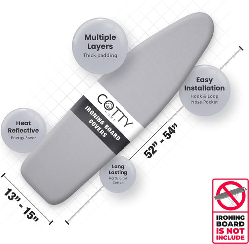 Cotty Home Ironing Board Cover – Extra Thick, Heat Reflective, Snug Fit, 15x54 inches, Gray