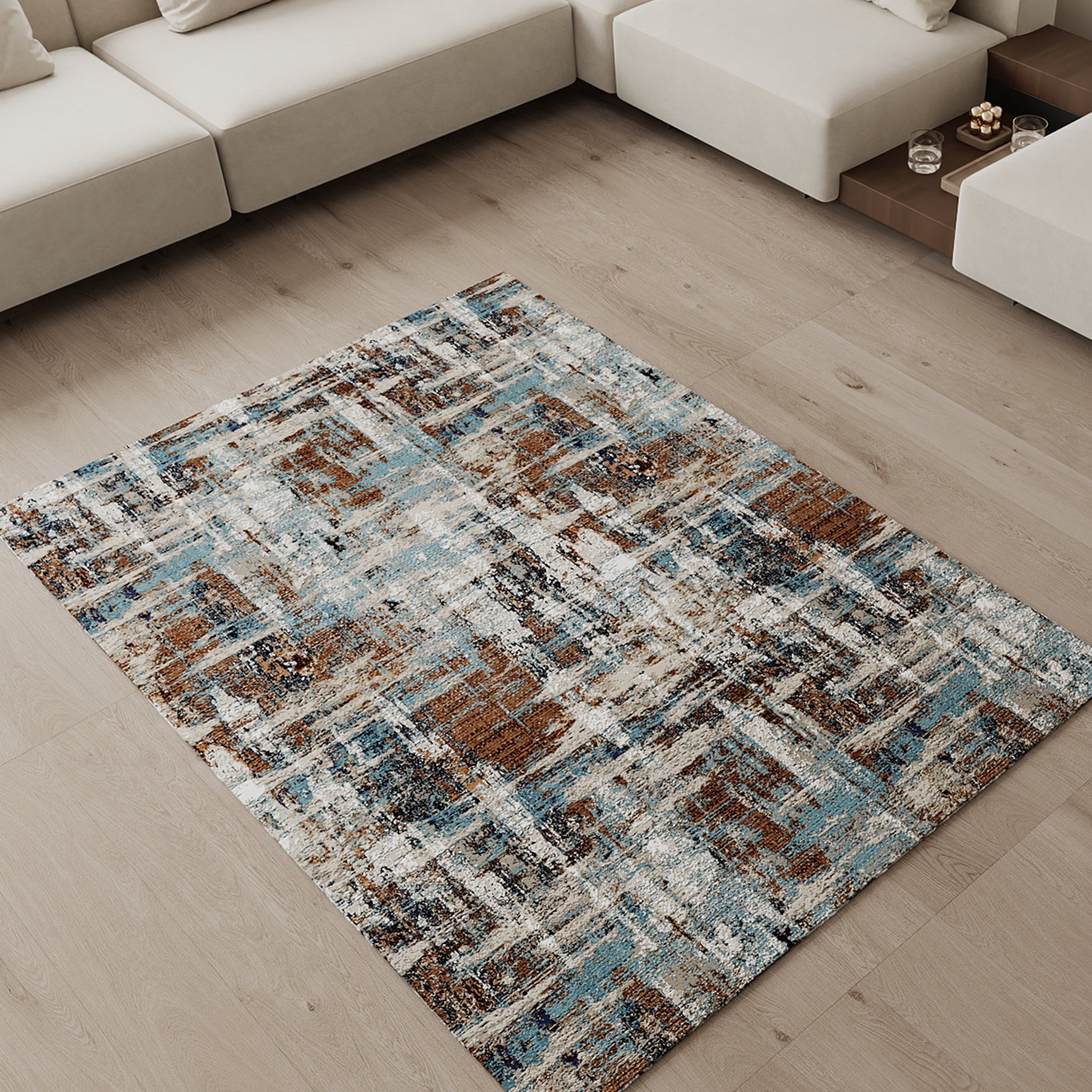 Cotty Home Superior Washable Rug – Ultra Thin, Non-Slip, Foldable, Multi-Size, Abstract Blue-Terra