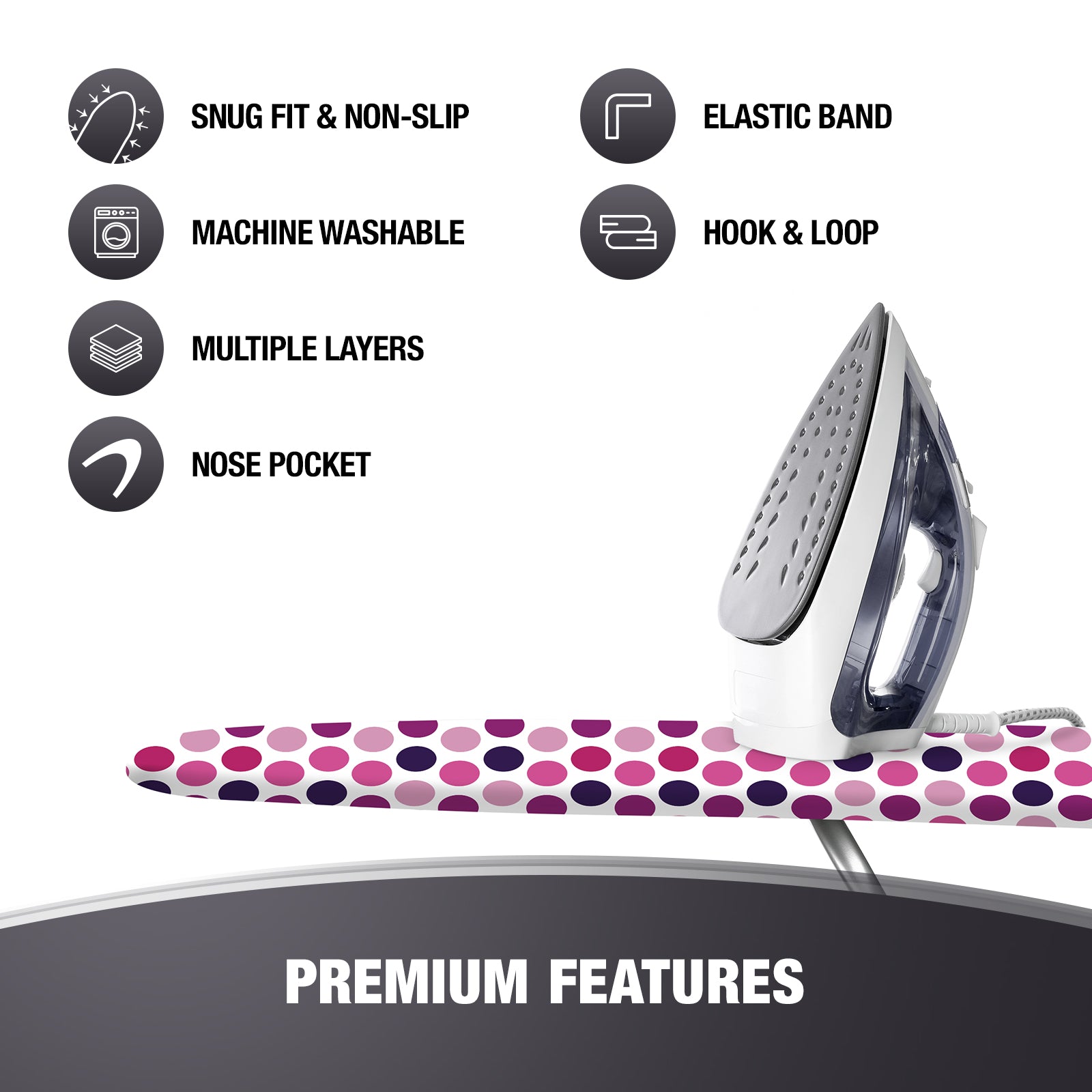 Cotty Home Ironing Board Cover – Extra Thick, Heat Reflective, Snug Fit, 15x54 inches, Purple Spotted