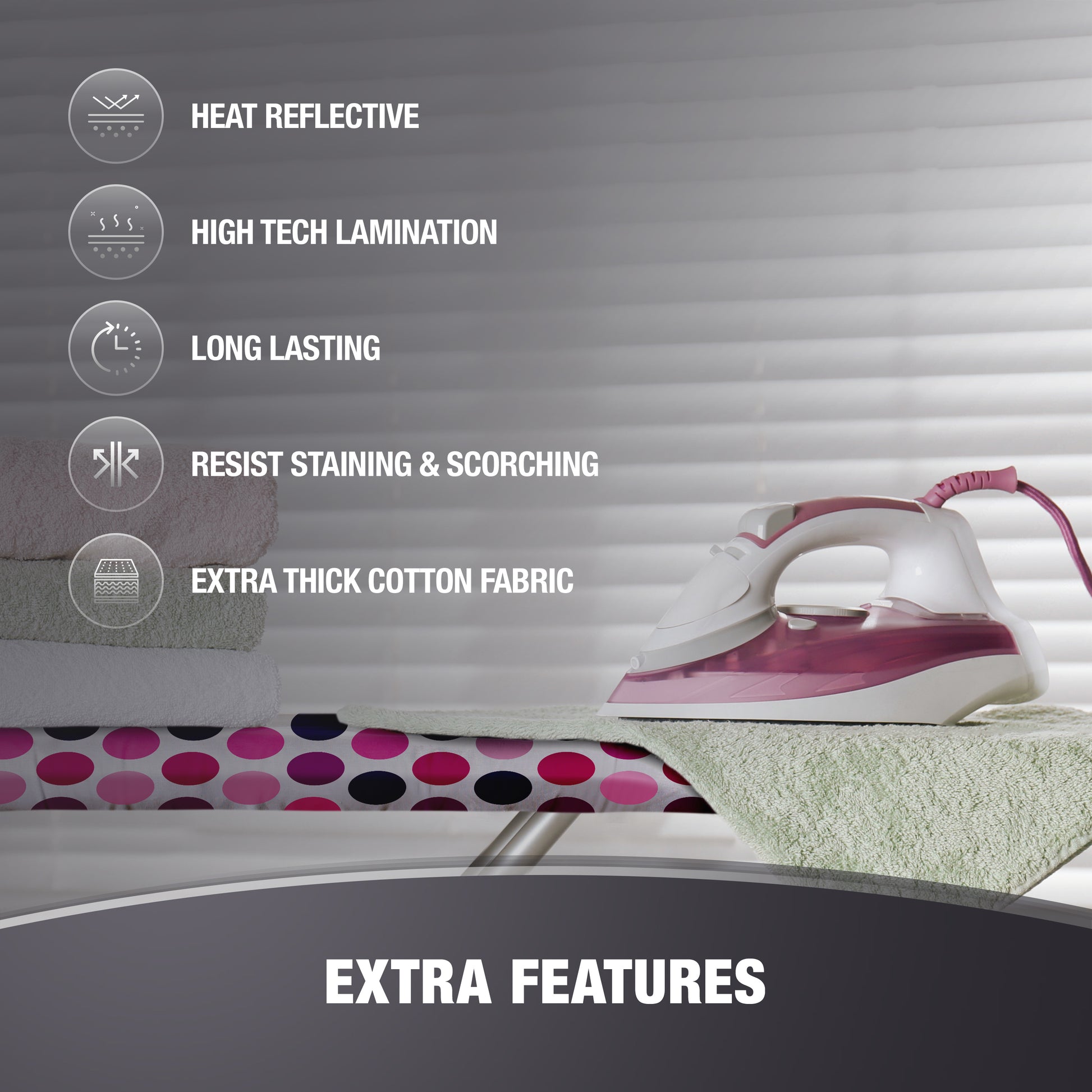 Cotty Home Ironing Board Cover – Extra Thick, Heat Reflective, Snug Fit, 15x54 inches, Purple Spotted