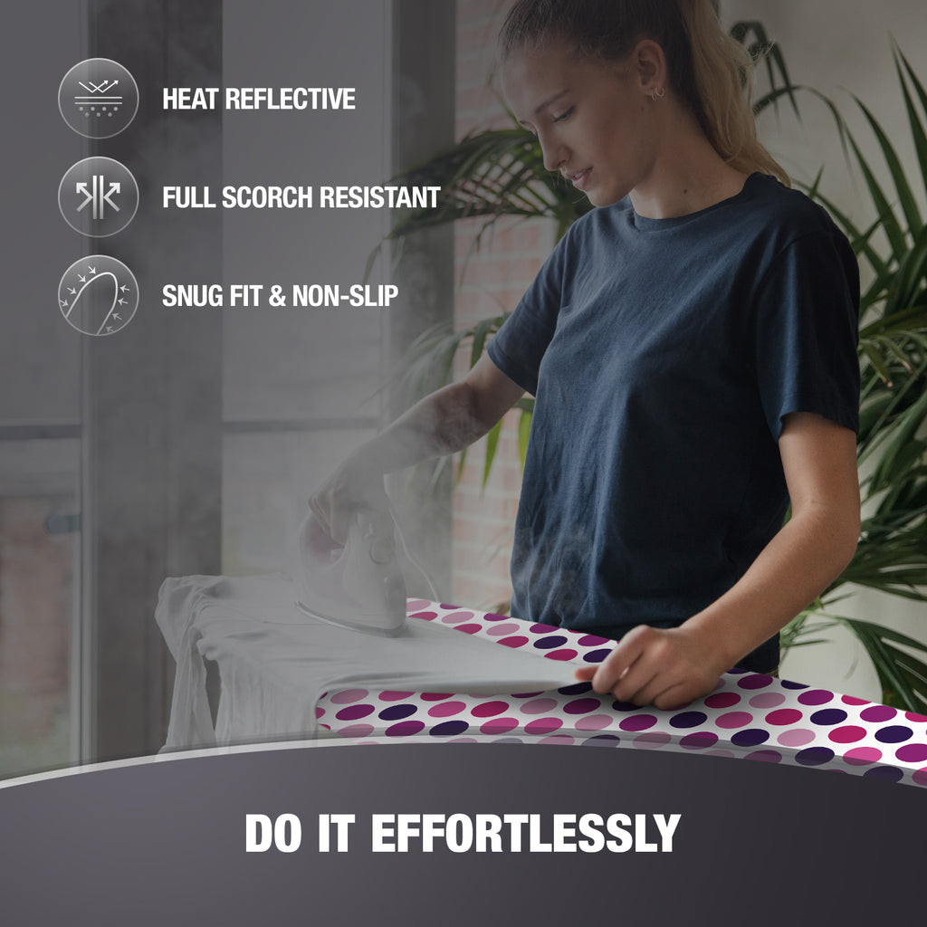 Cotty Home Ironing Board Cover – Extra Thick, Heat Reflective, Snug Fit, 15x54 inches, Purple Spotted