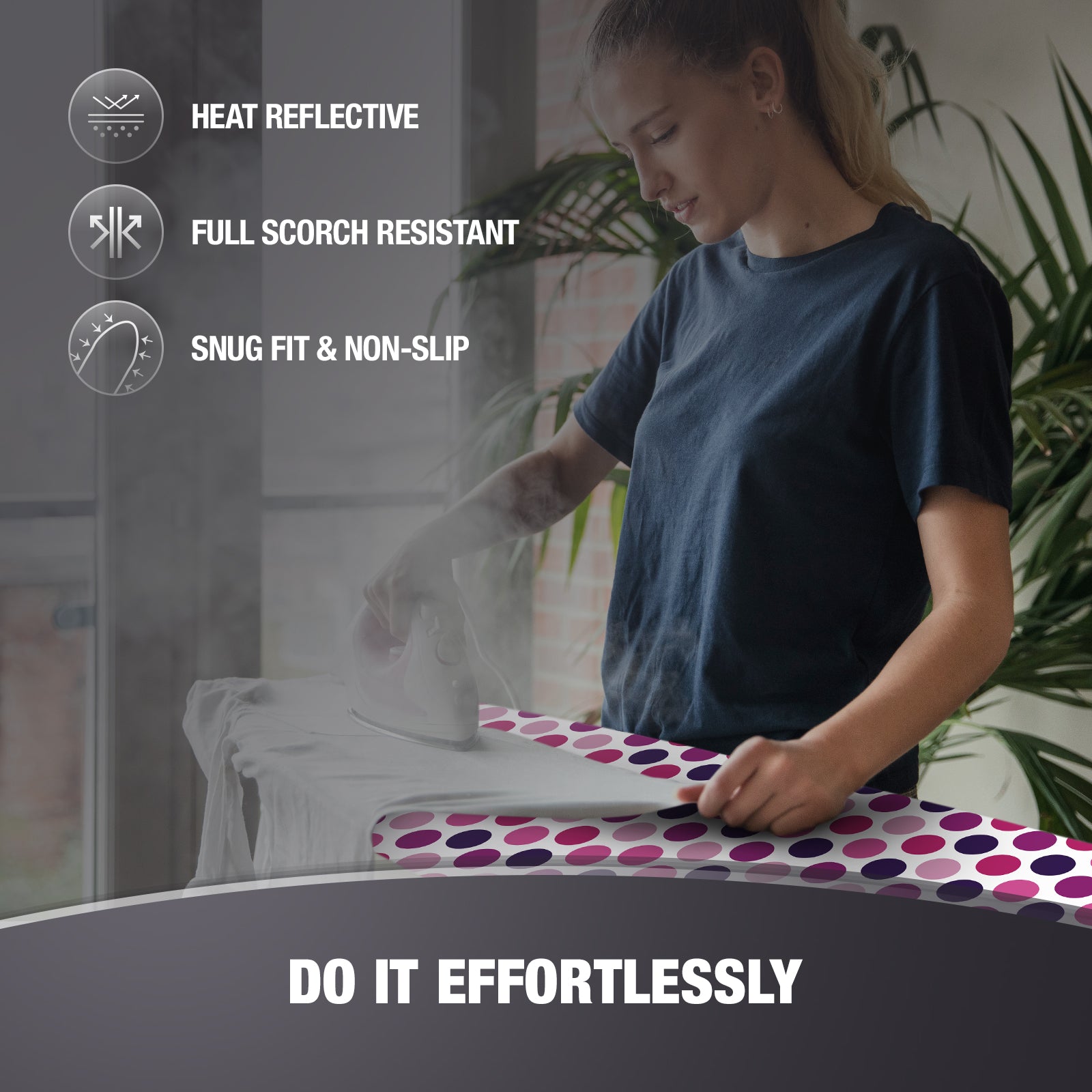 Cotty Home Ironing Board Cover – Extra Thick, Heat Reflective, Snug Fit, 15x54 inches, Purple Spotted