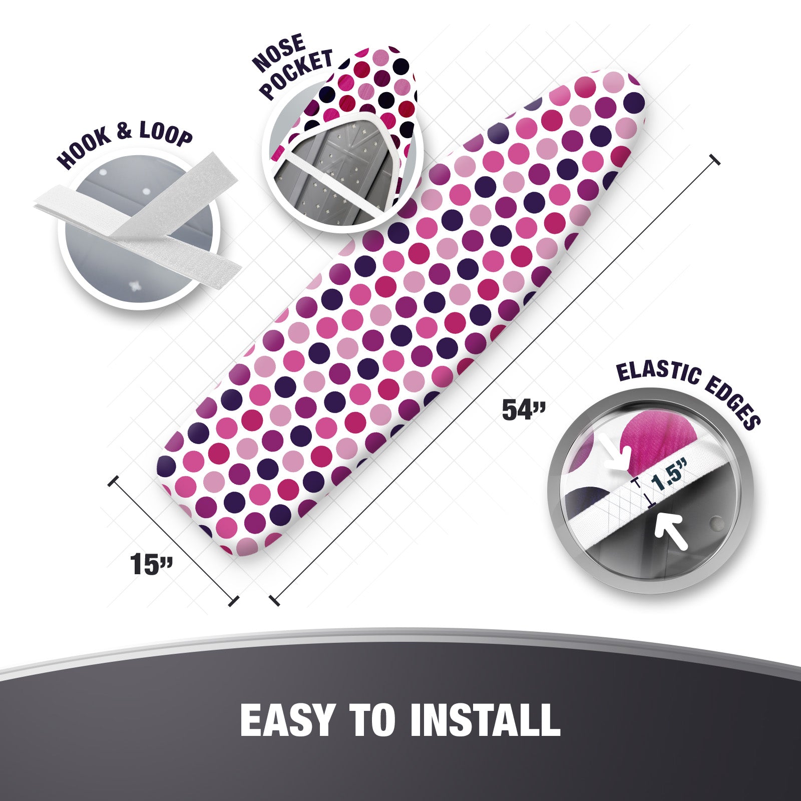Cotty Home Ironing Board Cover – Extra Thick, Heat Reflective, Snug Fit, 15x54 inches, Purple Spotted