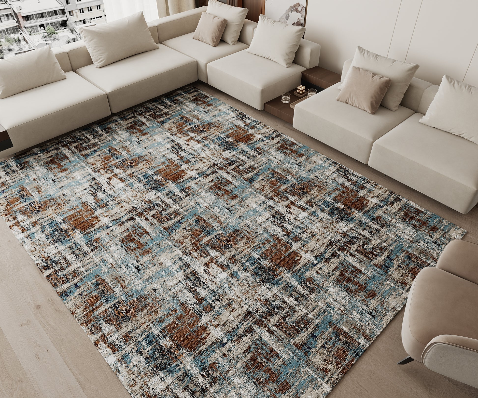 Cotty Home Superior Washable Rug – Ultra Thin, Non-Slip, Foldable, Multi-Size, Abstract Blue-Terra